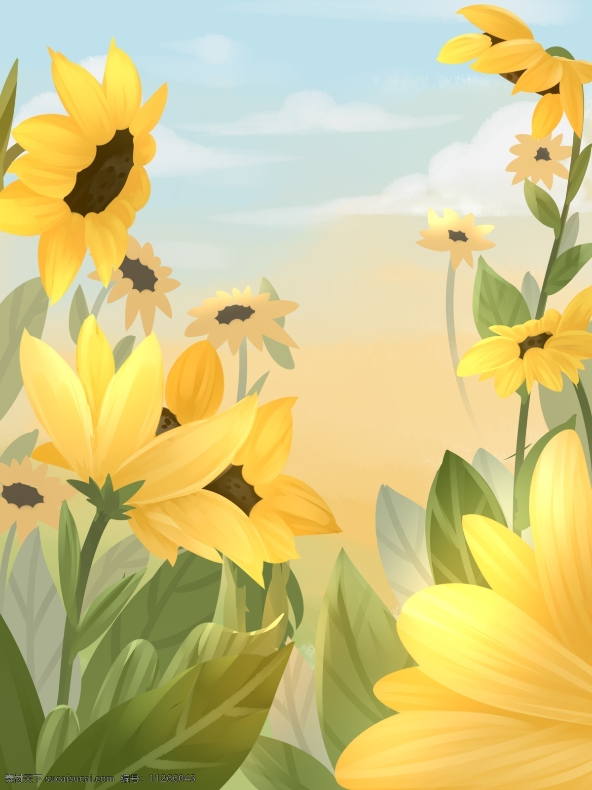 唯美 向日葵 植物 插画 背景 花卉背景 森系 植物背景 植物花卉 水彩背景 通用背景