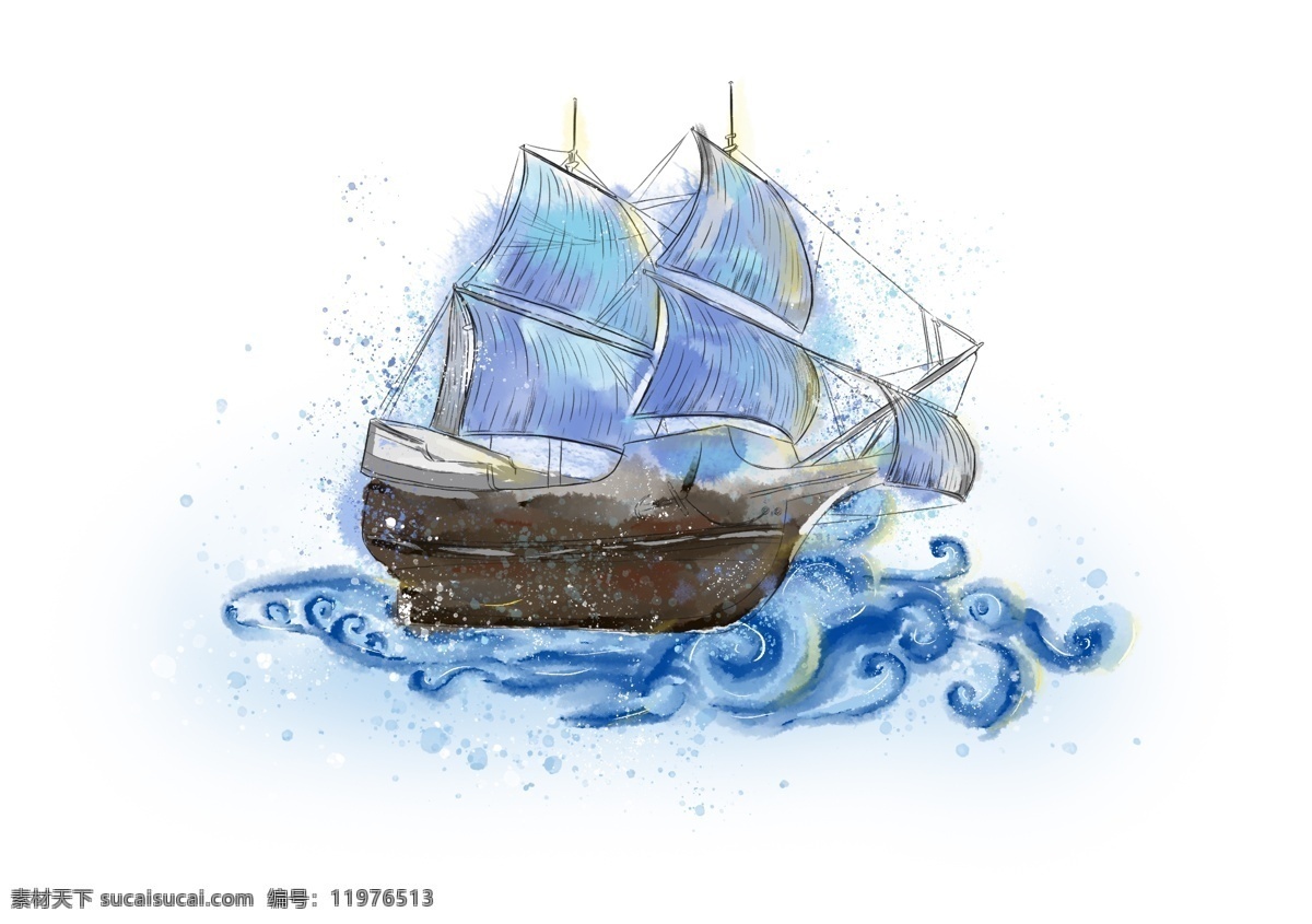 原创 帆船 手绘 蓝色 水彩 海浪 小清新 乘风破浪 水墨