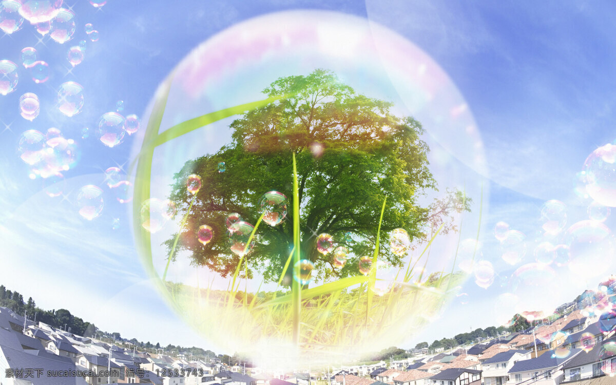 都市免费下载 背景图片 大树 都市 非 主流 光芒 绿草 泡泡 设计图 天空 桌面背景图片 三维球