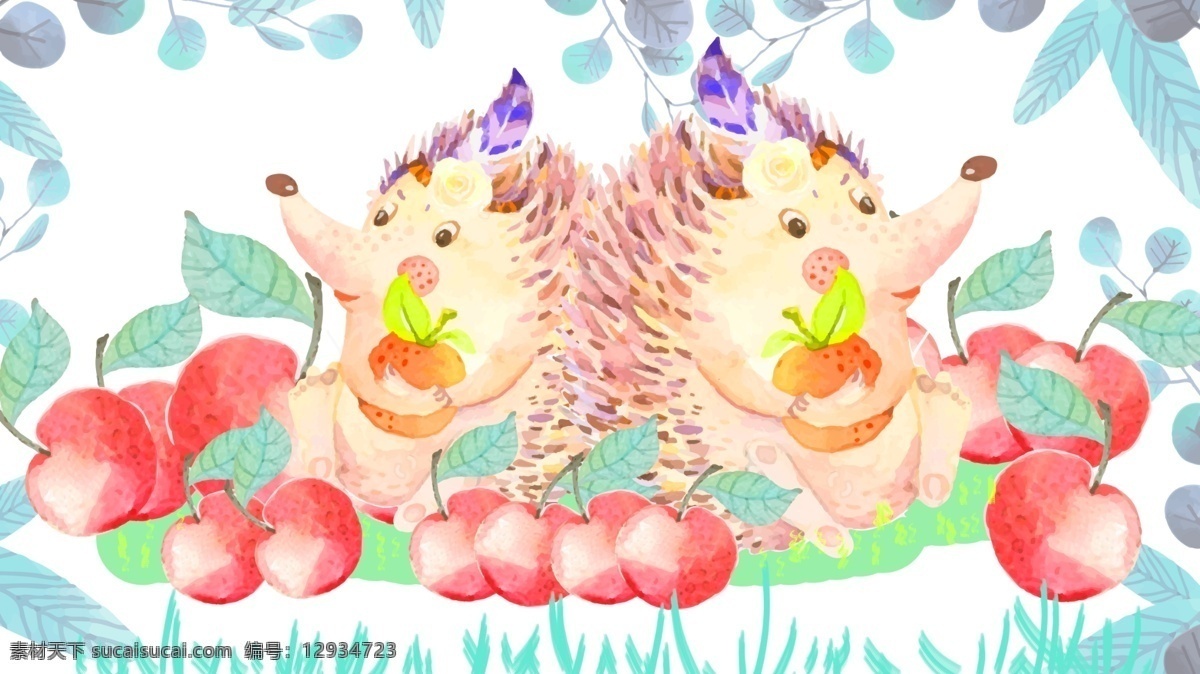 原创 绘画 儿童 绘 水彩 可爱 小 动物 刺猬 趴 插画 小动物 苹果 树