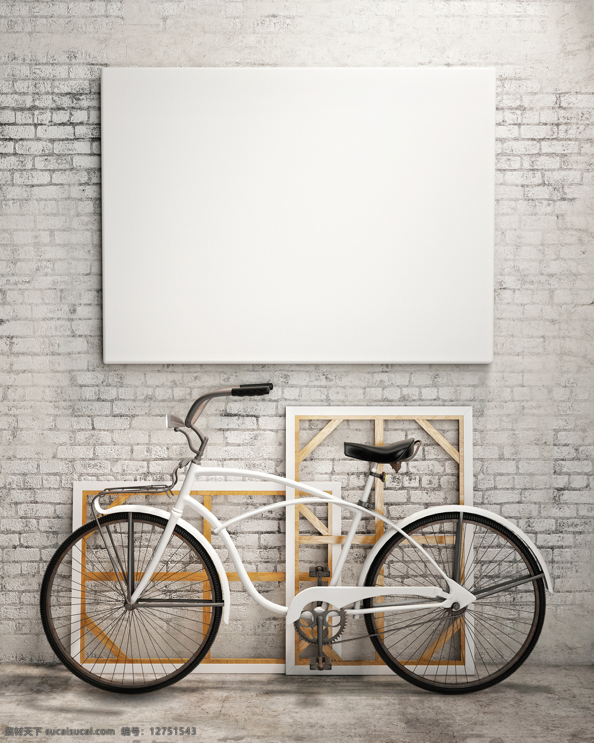自行车 空白 壁画 墙壁 砖墙 挂画 装饰画背景 室内摄影 其他类别 生活百科 白色