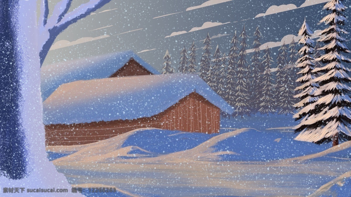 手繪 寫實(shí) 唯美 雪景 小雪 大雪 冬天 你好 插畫 海報(bào) 光 房屋 森林 細(xì)膩寫實(shí) 唯美雪景 冬至