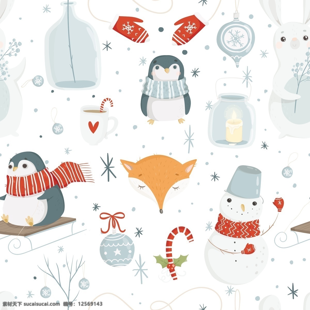 缤纷 圣诞节 冬天 背景 矢量 冬季 冬日 节日 平面素材 企鹅 设计素材 矢量素材 手套 温暖 温馨 雪人