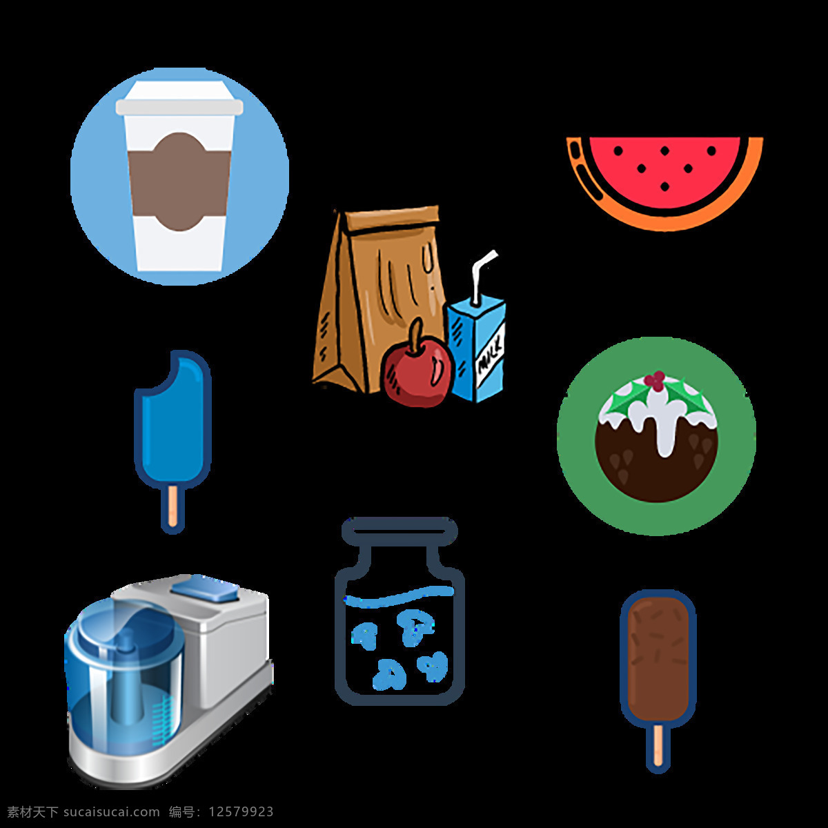 食品 饮料 图标 冰淇淋 水果 苹果 牛奶 鸡肉 面包 橙汁 冰 杯 食品的图标 手绘 清新色彩