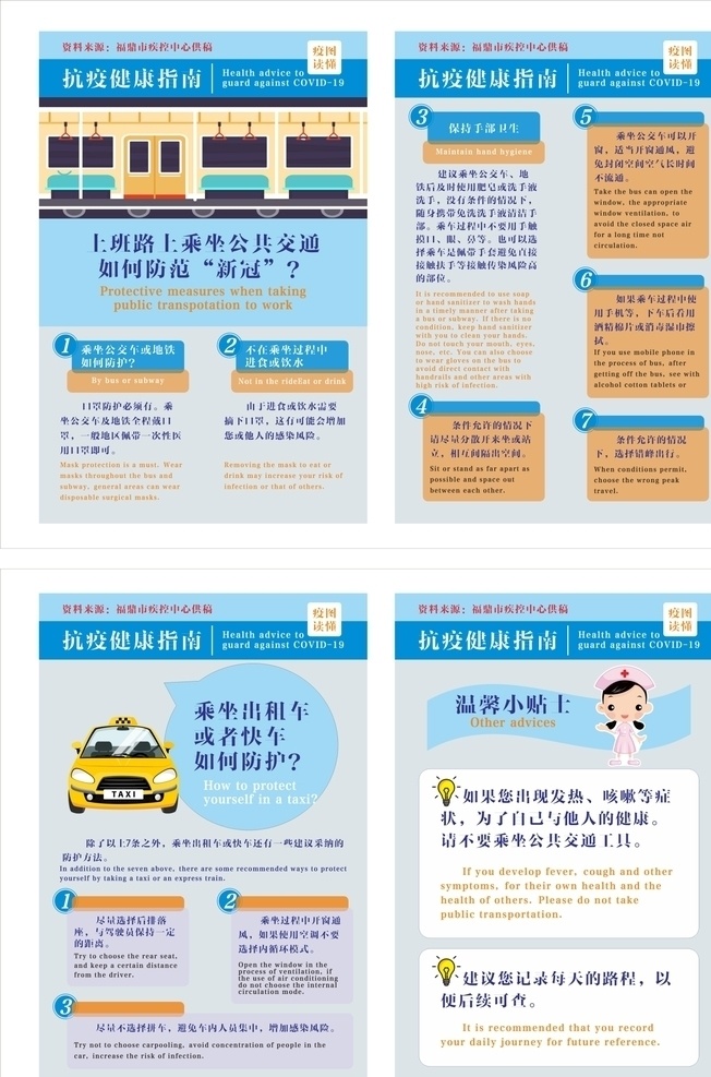 抗疫健康指南 新冠肺炎 溫馨提示 護士 公交出行 出租車 地鐵 安全出行 病毒安全防護
