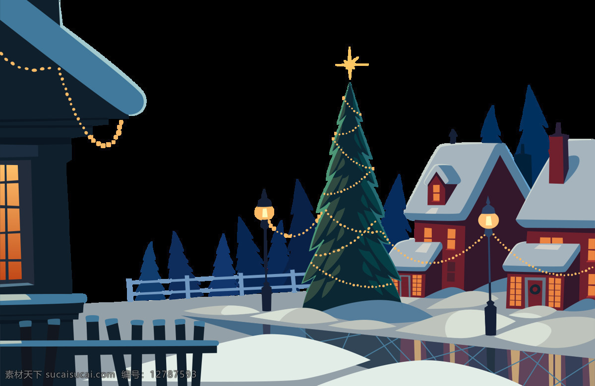卡通 国外 圣诞 夜景 元素 png元素 节日 免抠元素 透明素材 新年 雪景