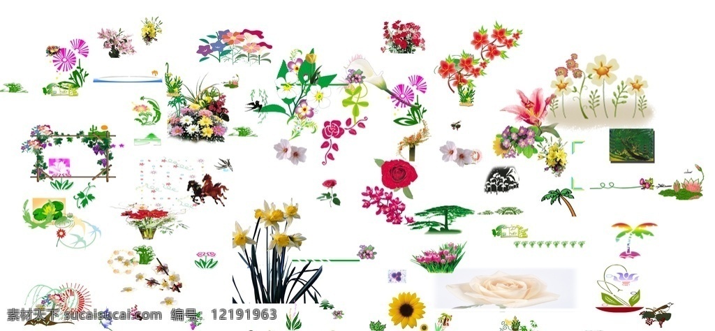 鲜艳 花卉 大全 分层素材 花卉大全 花样插图 玫瑰 向日葵 水仙 广告 海报
