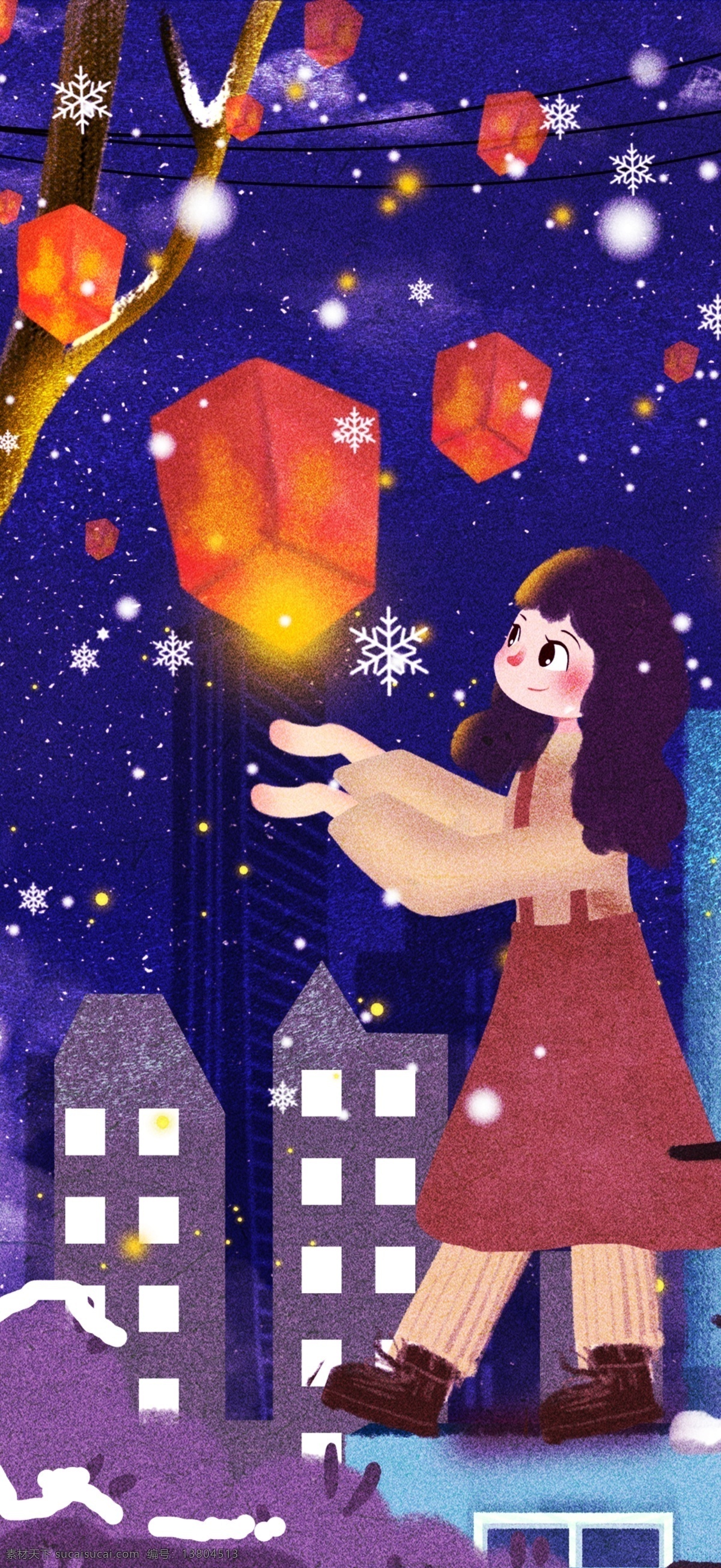 手繪 放 孔明燈 女孩 背景 雪花 下雪 廣告背景 背景設(shè)計 通用背景 psd背景 背景展板 特邀背景 背景圖 創(chuàng)意 藍(lán)色