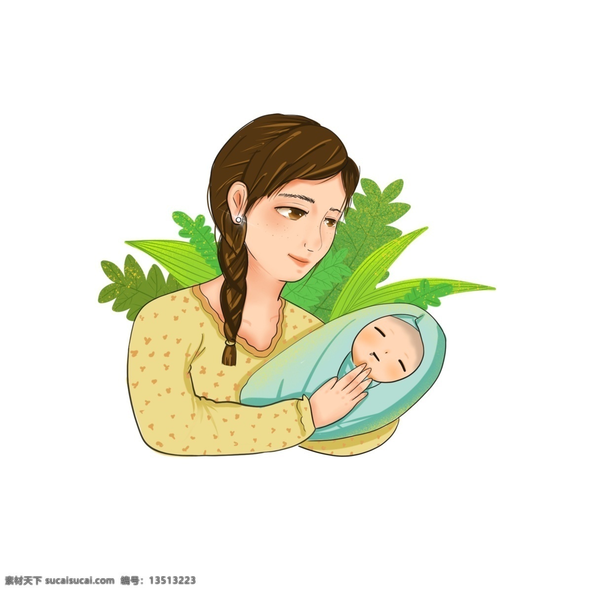 母亲节 母爱 妈妈 宝宝 婴儿 手绘 新生儿 亲情 温馨 绿叶 植物