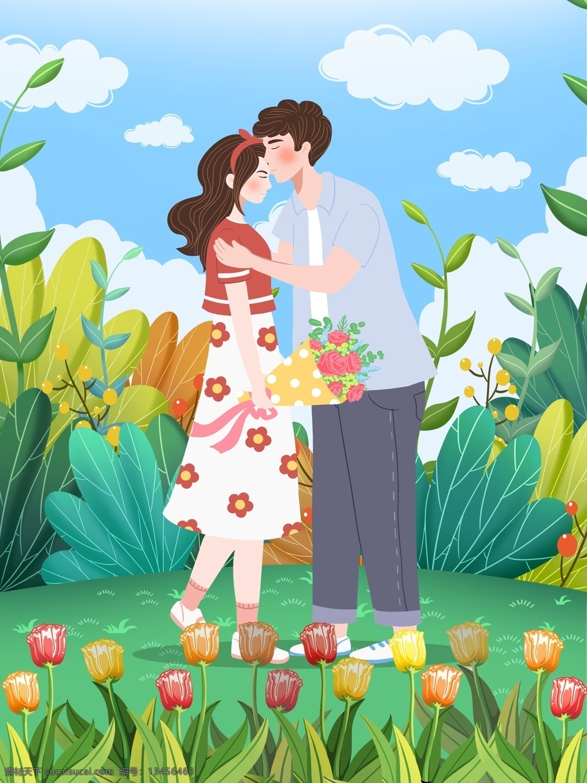 520 表白 日 郁金香 花园 男友 送花 亲吻 女友 五月 云 男人 女人 叶子 植物 玫瑰 插画 壁纸 包装 配图