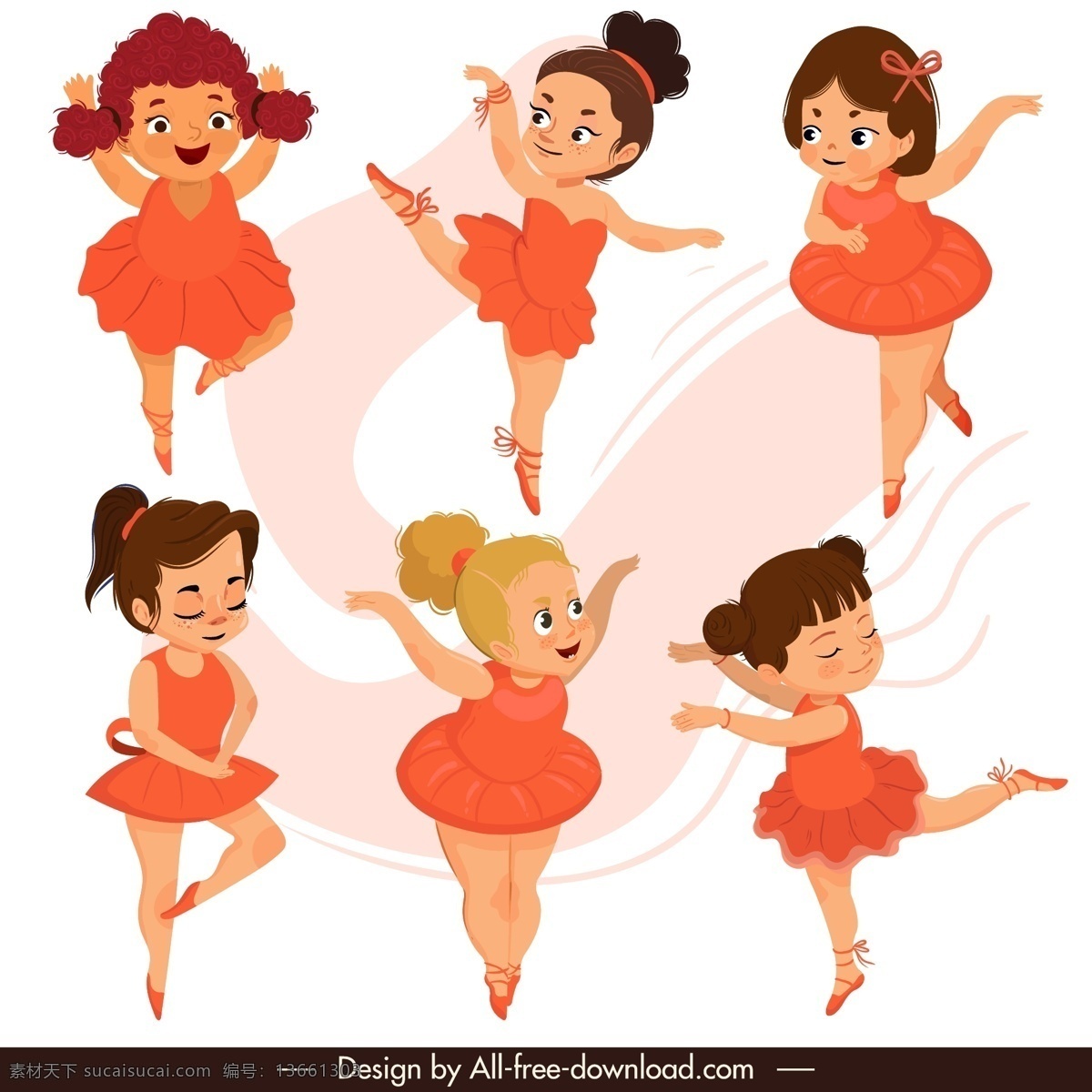 6款卡通 芭蕾舞女孩 矢量素材 卡通 红裙子 芭蕾舞 女孩 舞蹈 矢量图 ai格式