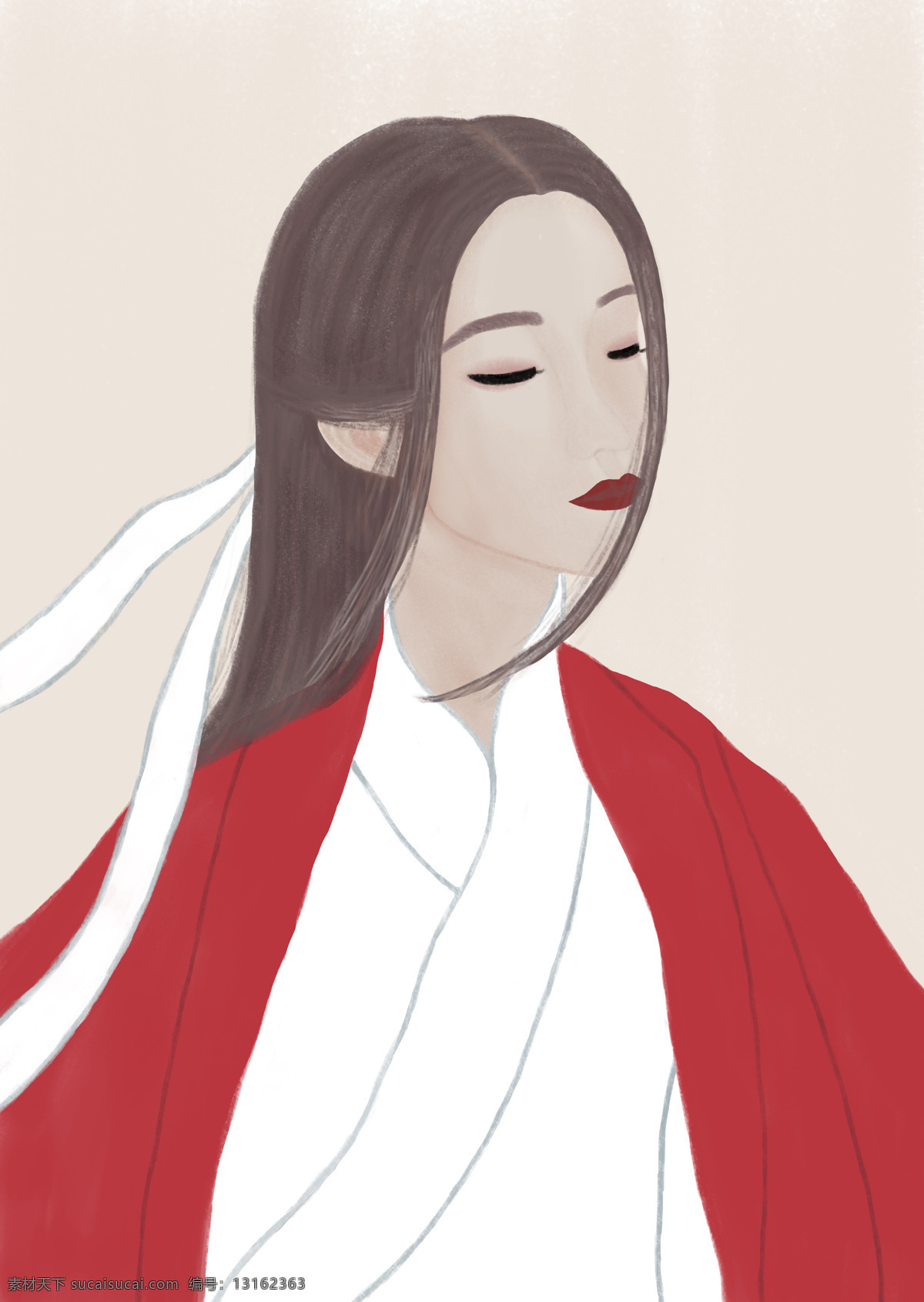 古風(fēng) 紅衣 美人 長發(fā)美人 微風(fēng) 手繪 古典