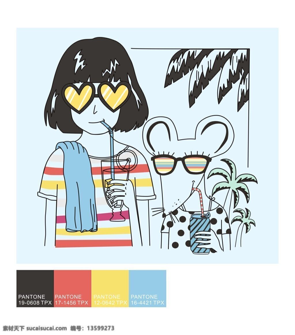 时尚 插画 服饰 图案 动物 女孩 喝椰汁 椰树 眼镜