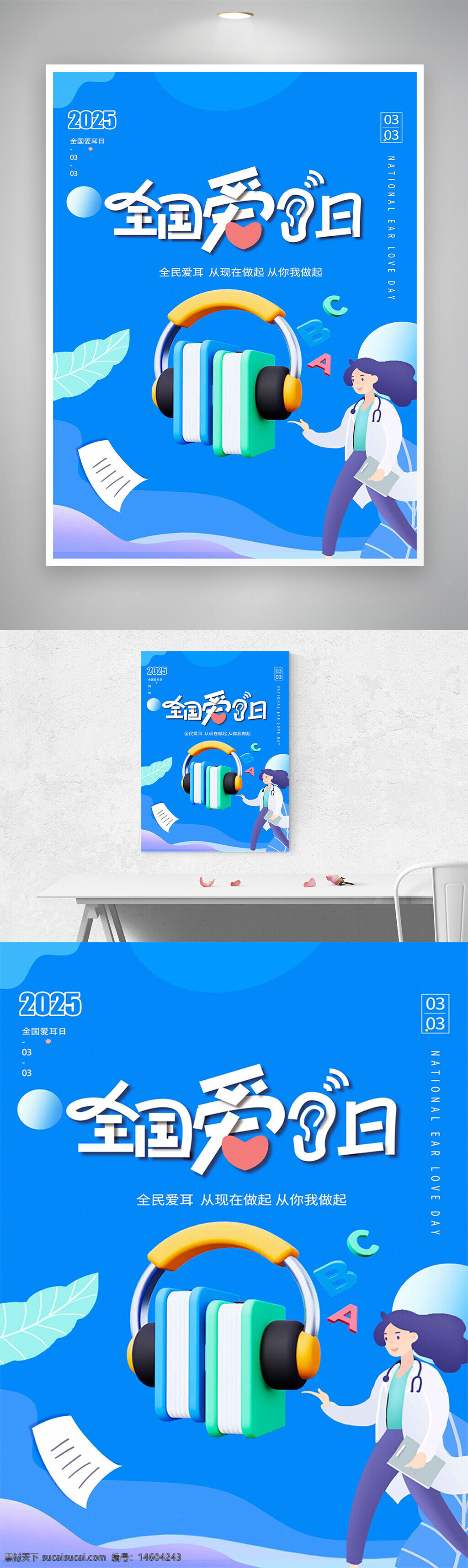 全国爱耳日 爱耳日海报 节日宣传 卡通海报 简约设计 创意海报 蓝色主题 健康宣传 听力保护 耳部健康 医疗宣传 爱耳护耳 公益海报 2025宣传 耳朵健康