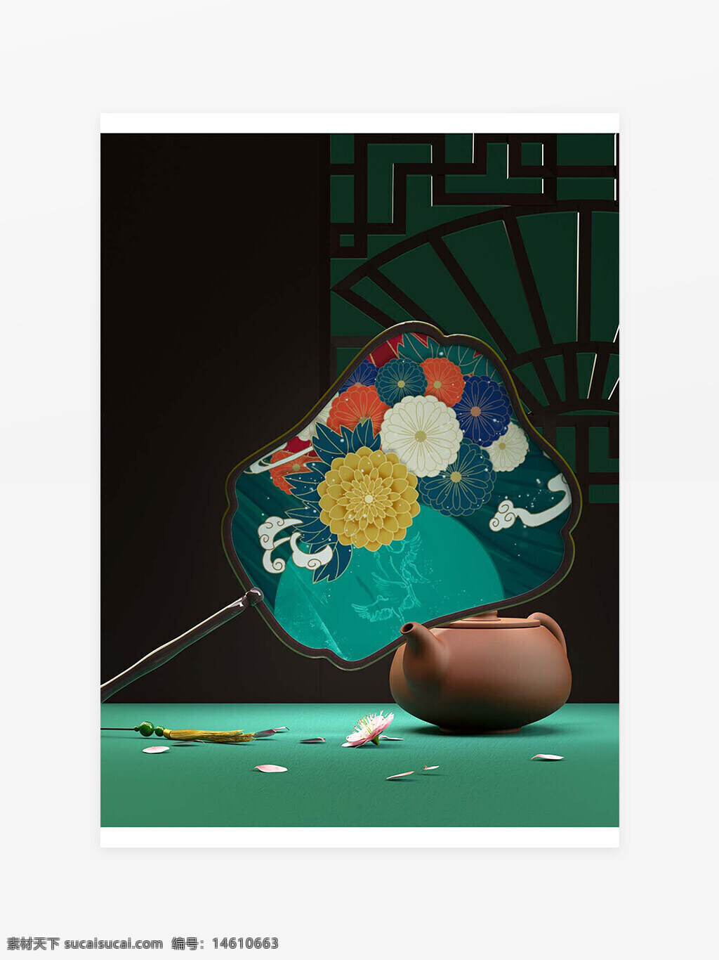 國風(fēng)扇子 傳統(tǒng)藝術(shù) 樣機效果圖 高貴典雅 花卉裝飾 扇子設(shè)計 中國風(fēng) 平面廣告 復(fù)古元素 茶壺搭配 花瓣細(xì)節(jié) 清新配色 設(shè)計素材 視覺美感