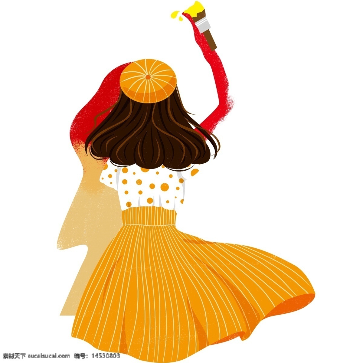 斑点 裙 绘画 少女 装饰 元素 帽子 可爱 装饰元素 长裙 刷子 手绘 黄色裙子 斑点裙