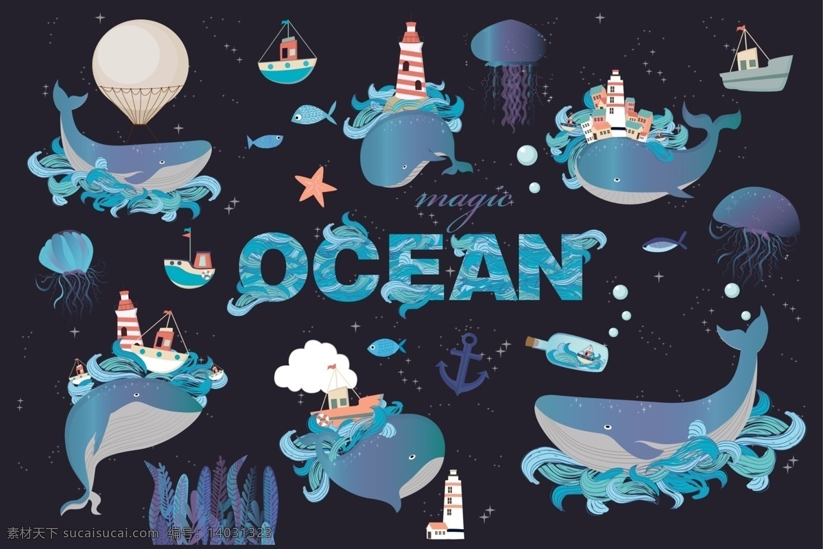 海洋 主题 插画 图案 背景 海洋主题图案 鲸鱼 海洋生物 海水 英文艺术字 创意装饰 卡通插画 插画图案 动漫动画