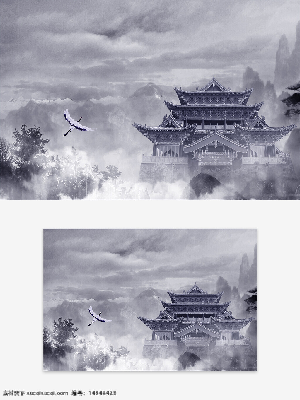 中国风 水墨画 江山 古代建筑 古城 古楼 背景画 水墨山水画 古建筑