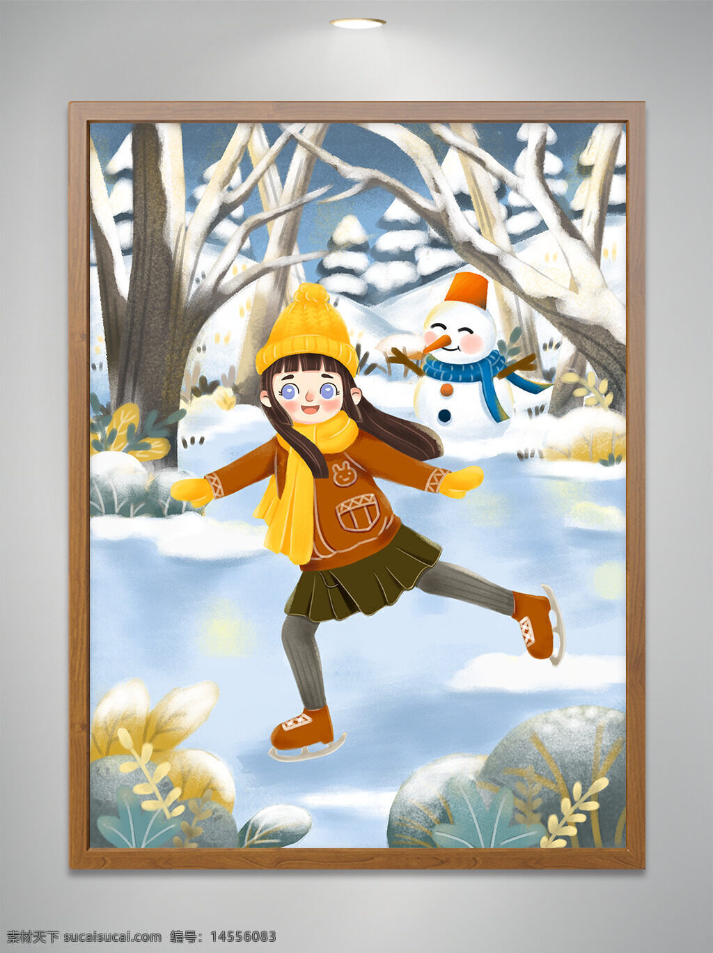 插画，雪人，小女孩，海报，手绘，冬天，大雪，节气，白色，节气
