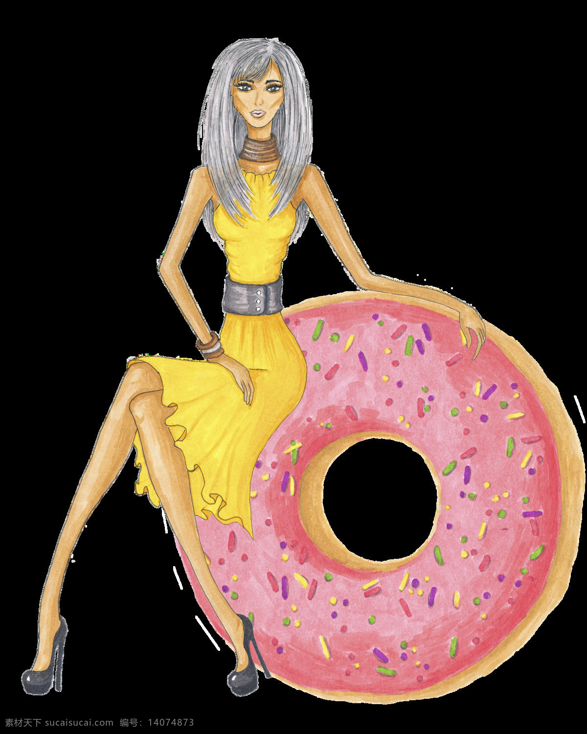 少女 模特 卡通 透明 装饰 甜甜圈 黄色 粉色 矢量素材 设计素材