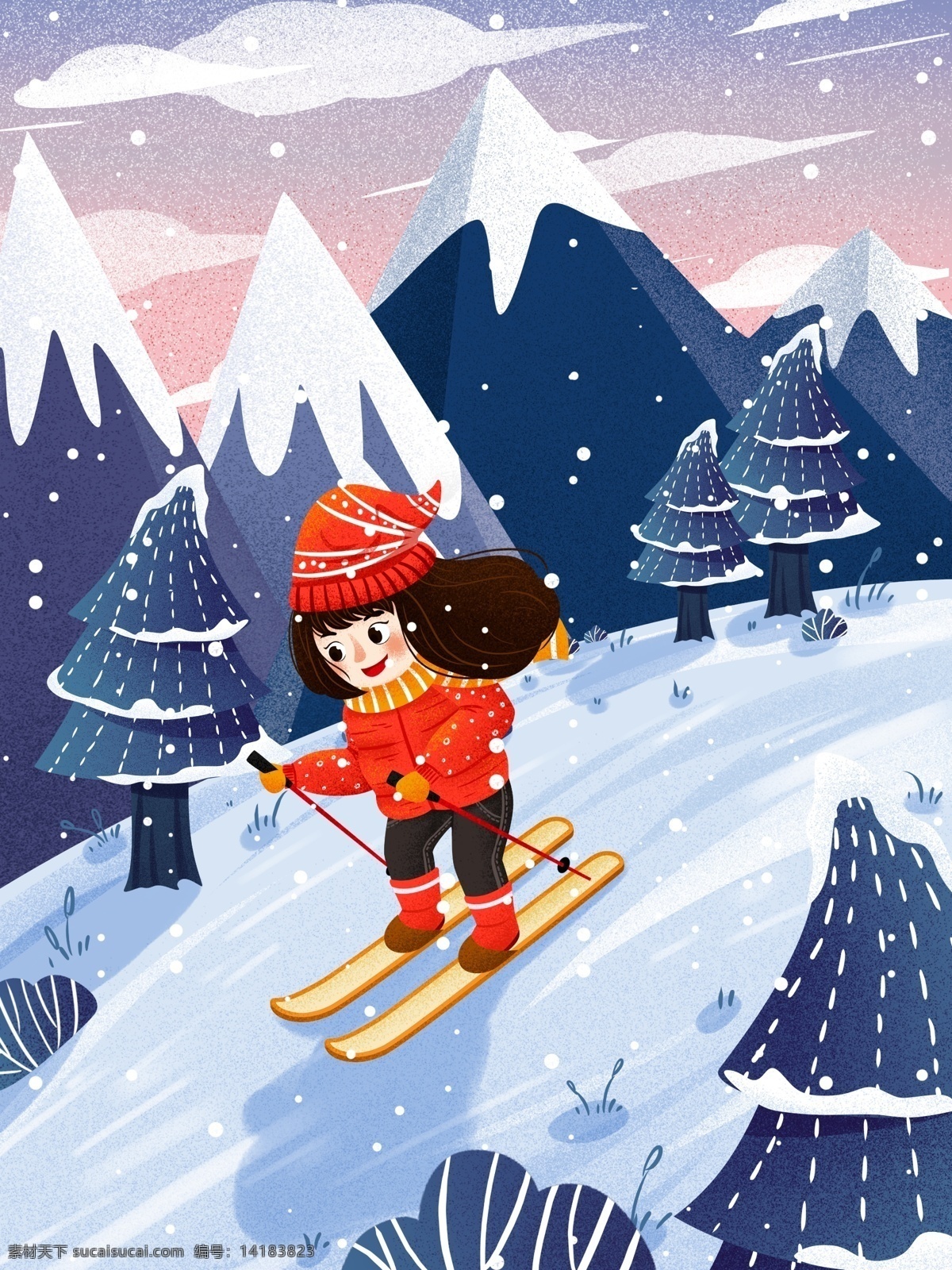 冬季 雪景 女孩 雪地 滑雪 插画 唯美 冬天 冬季插画 滑雪女孩 滑雪人物 滑雪插画 大雪 大雪插画 冬季雪景 下雪 白雪 手绘人物 人物插画 冷色 寒冷 手绘