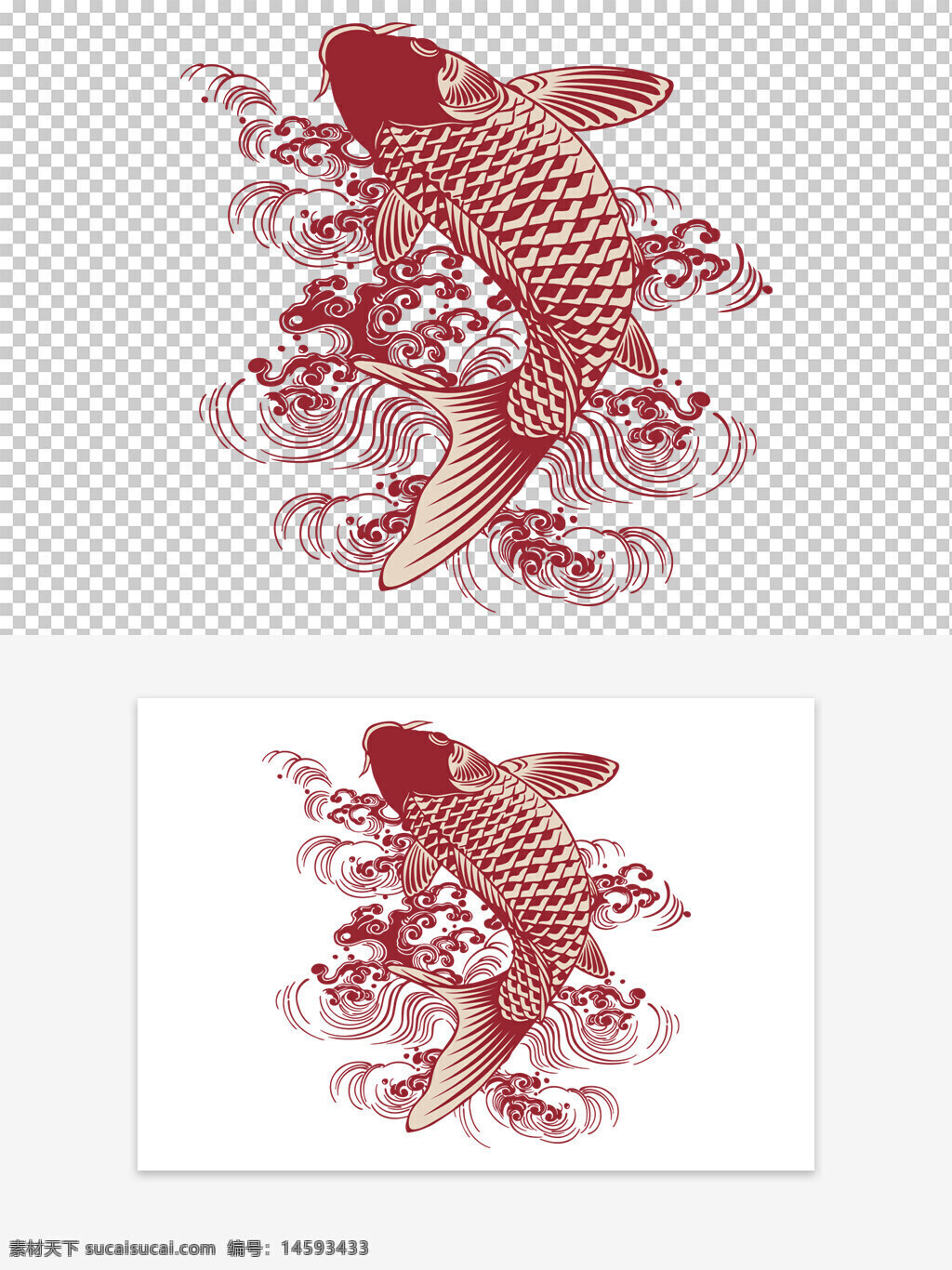 鱼 鲤鱼 插画 艺术 波浪 水 海洋 涟漪 传统 图案 纹身 线条 装饰 红色 象征 文化 美术 跃起