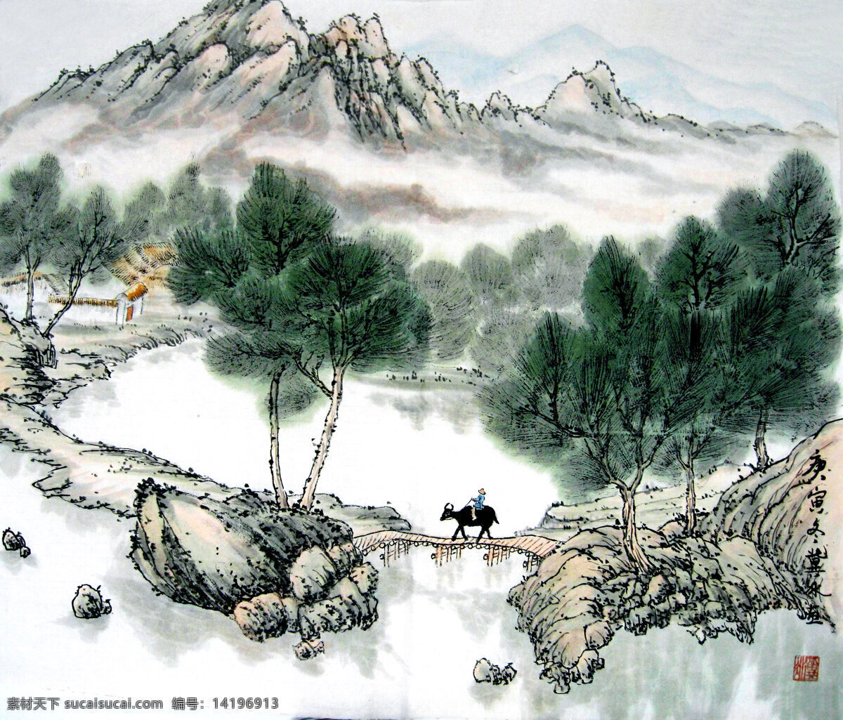 牧歸 美術(shù) 繪畫 彩墨畫 水墨畫 鄉(xiāng)野 山嶺 水塘 房屋 樹木 牧童 牛 木橋 山道 云霧 國畫藝術(shù) 國畫集46 繪畫書法 文化藝術(shù)