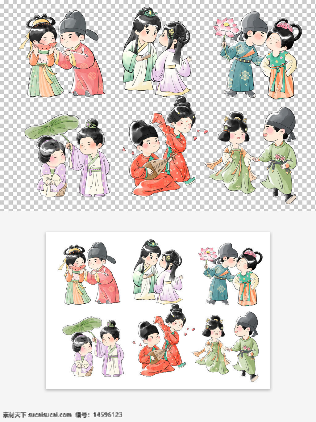 中国风 古装 情侣 手绘 爱情 浪漫 传统服饰 花朵 伞 古代 文化 女性 男性 婚礼 亲吻 拥抱 甜蜜