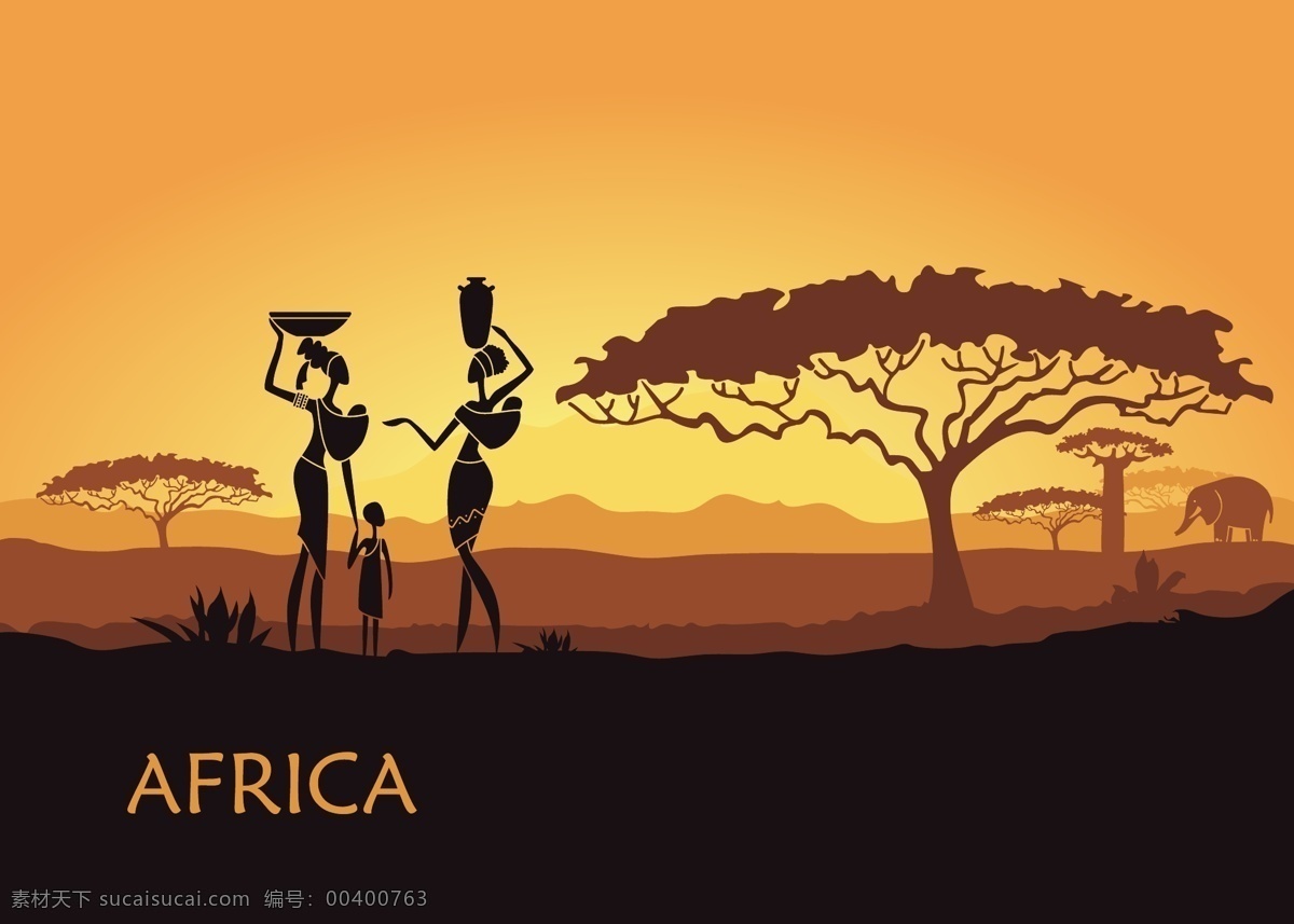 非洲 女性 剪影 日落 风景 矢量