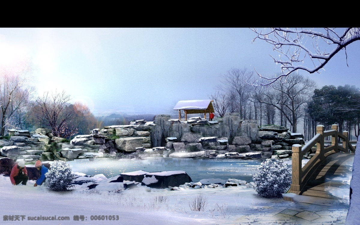 公园 雪景 公园雪景 冬季 雪潭 公园水潭 效果图 环境效果图 环境设计 分层效果图 ps效果图 效果图系列