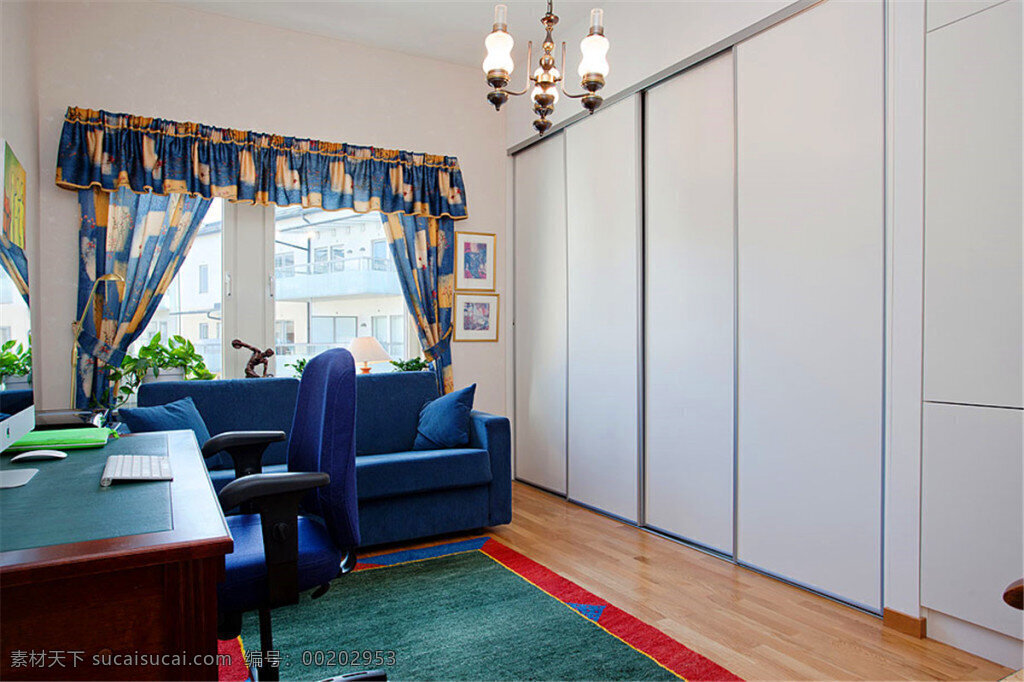 简约 书房 花纹 窗帘 装修 效果图 方形吊顶 个性吊灯 灰色衣柜 蓝色地毯 木地板