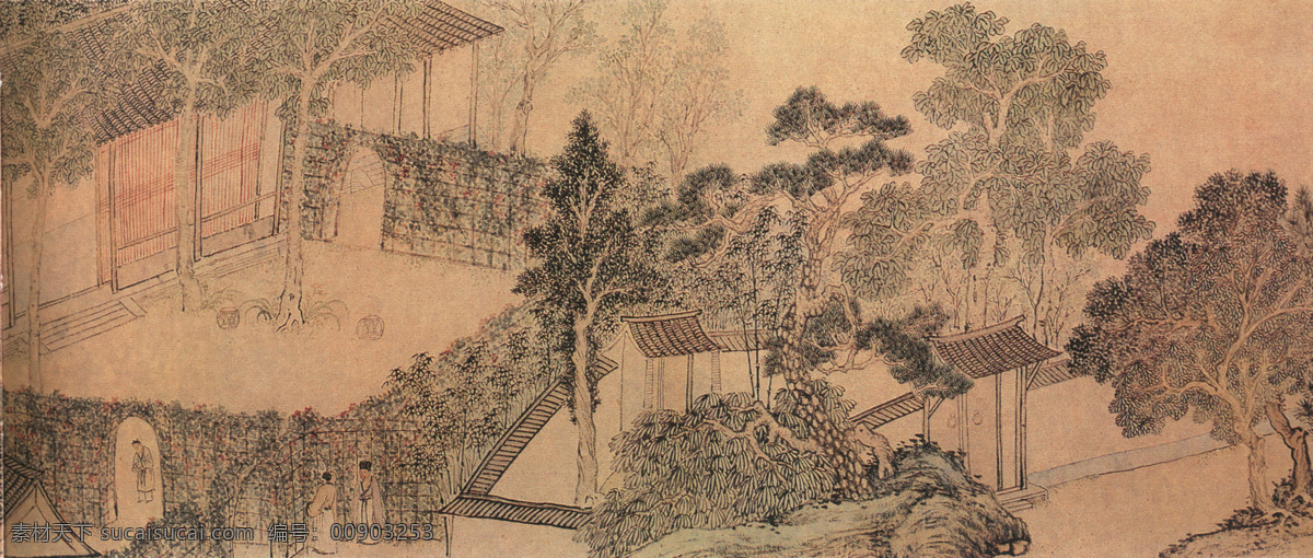 古画 山水 山水画 书画真迹 中国水墨画 求志园图 名画 书画 求 志 园 图 二 名家文徵明 庭院书房 走廊池塘 望楼 绿荫 鸳鸯鹅鸭 文化艺术