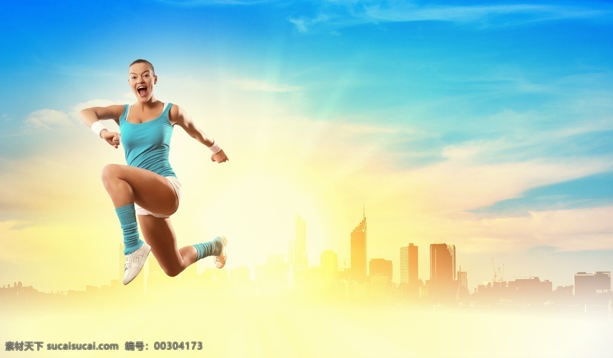 跳跃 外国 美女图片 美女 运动员 运动健将跳跃 阳光 太阳 蓝天 白云 高楼 人物图片