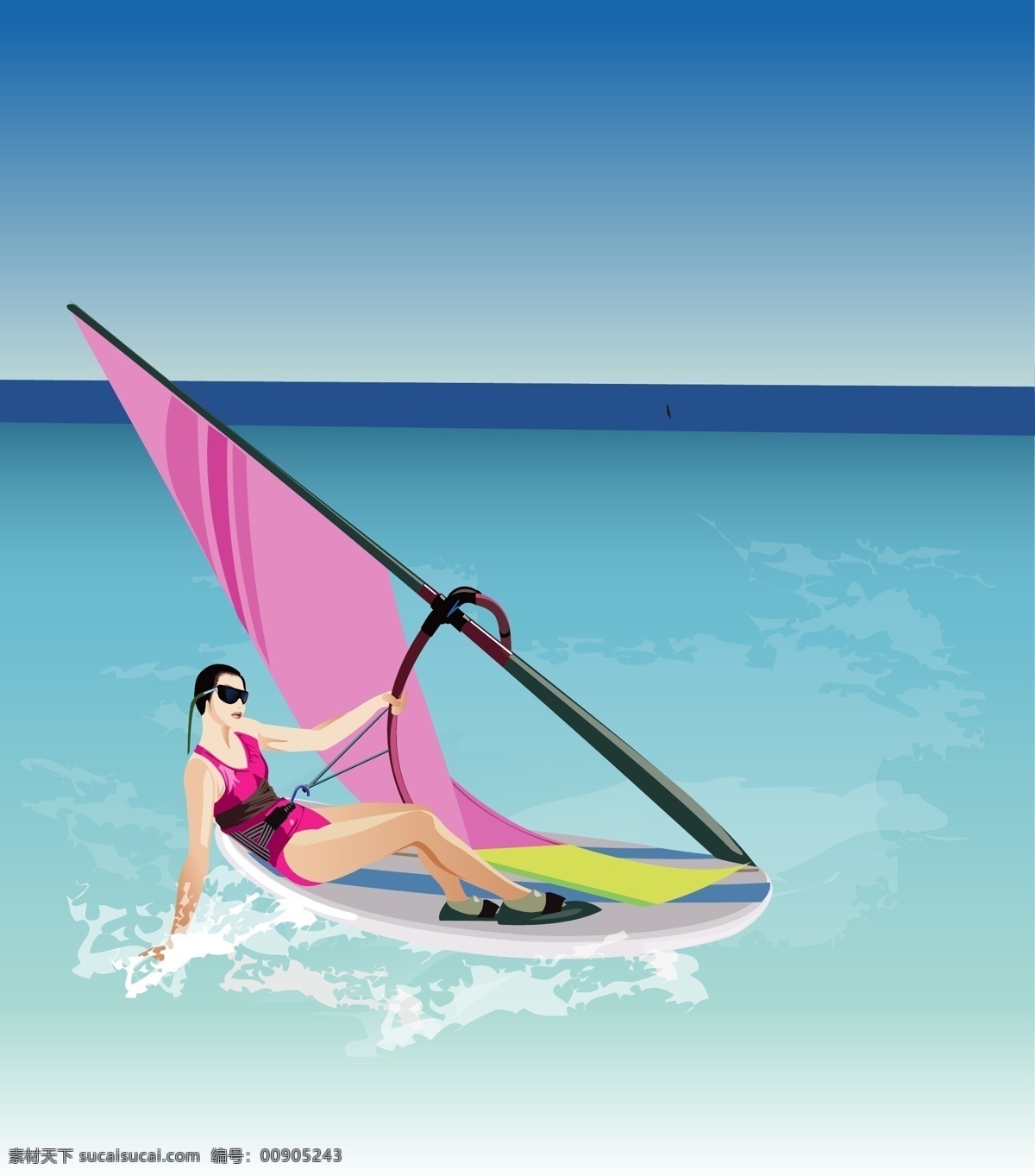碧海 冲浪 帆船 女性 矢量人物 矢量图库 泳装 职业人物 兰天 夏日海滩度假 psd源文件