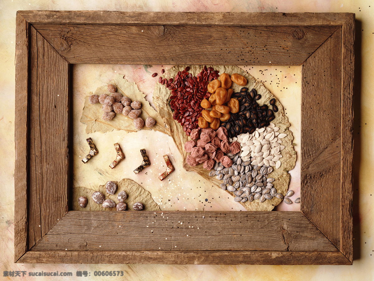 果脯瓜子拼盘 果脯 瓜子 中国风 传统美食 实木画框 拼盘 美食 餐饮美食 摄影图库 食物原料