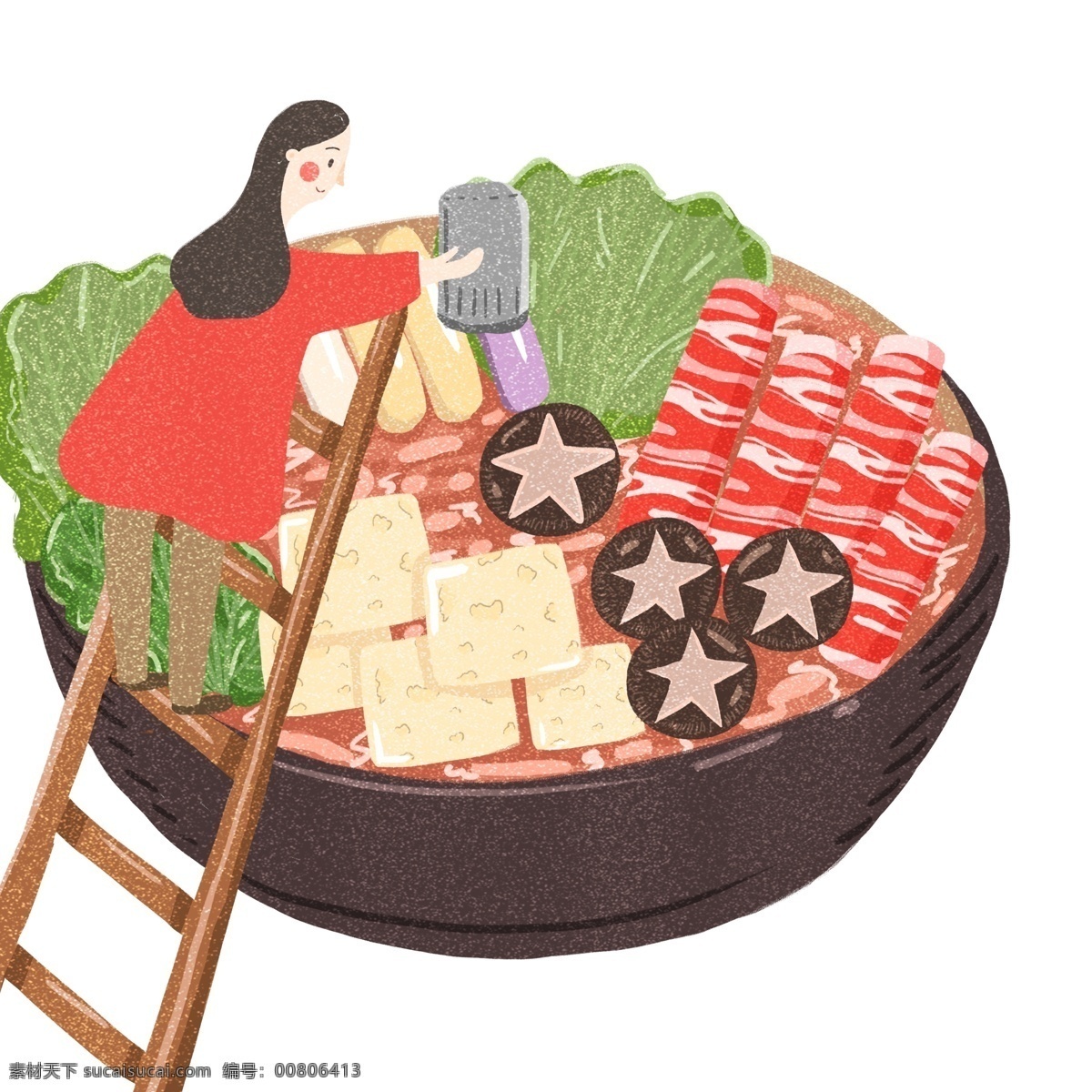 冬日 美食 火锅 卡通 元素 创意 插画 复古 手绘 食物 女孩 梯子 冬季美食