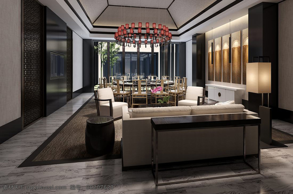 新 中式 风格 商业空间 大厅 效果图 室内设计 大厅效果图 沙发 茶几 桌子 椅子 吊灯 简约风 门 植物 装饰画 复古 地毯