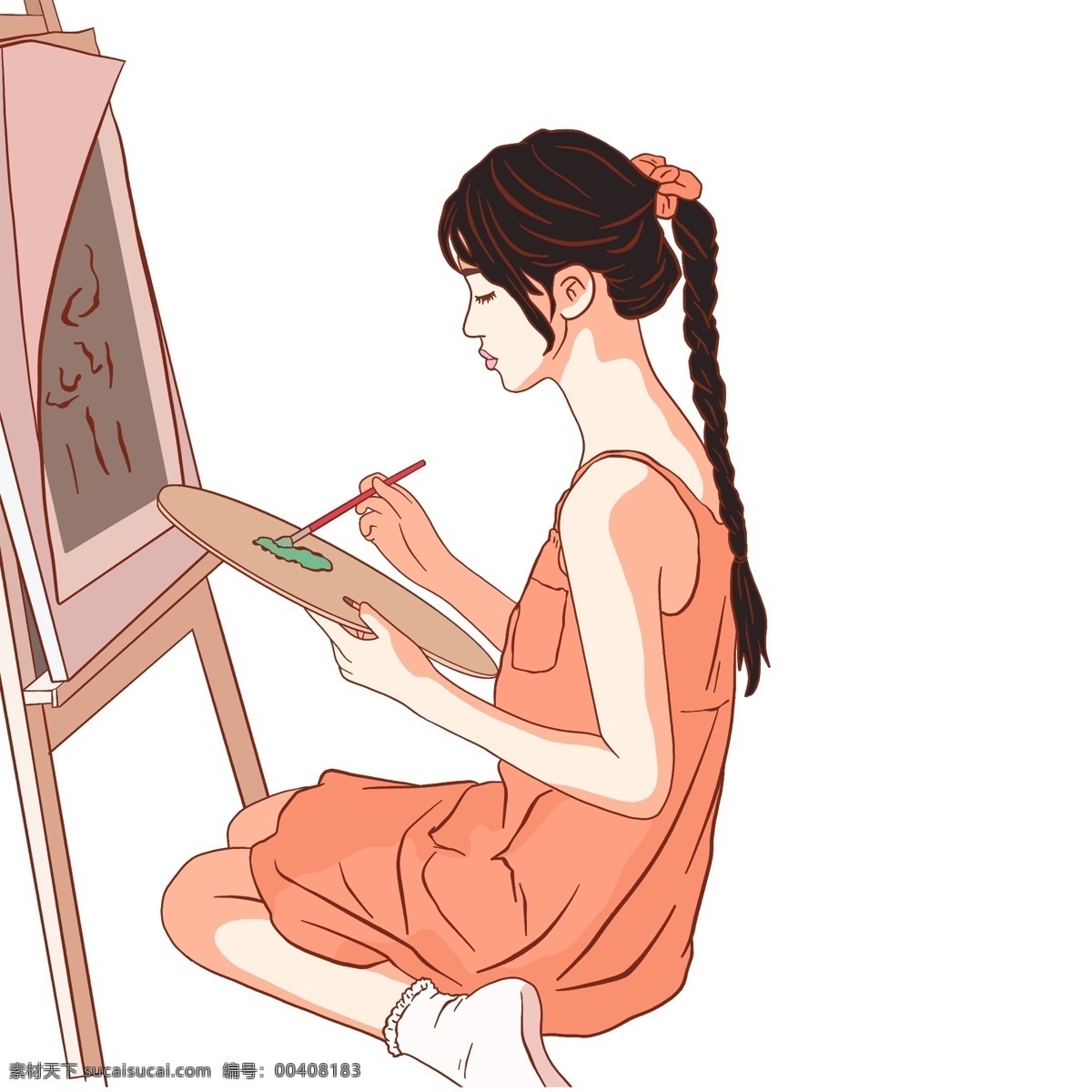 手绘 一个 画画 少女 插画 卡通 可爱 女孩 画家
