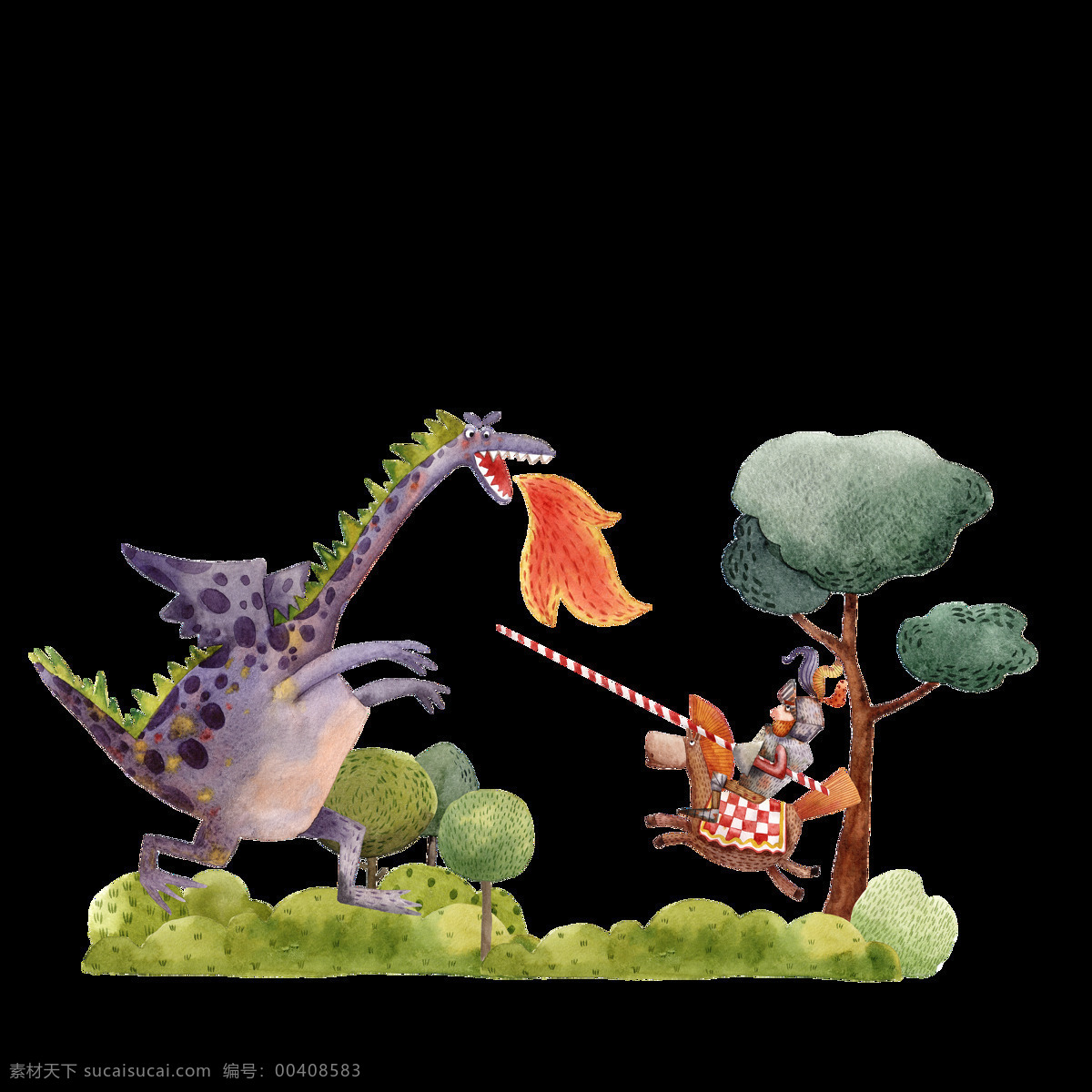 手绘 卡通 恐龙 动画 透明 灰色 绿色 免扣素材 喷火 树木 水彩 透明素材 装饰图案