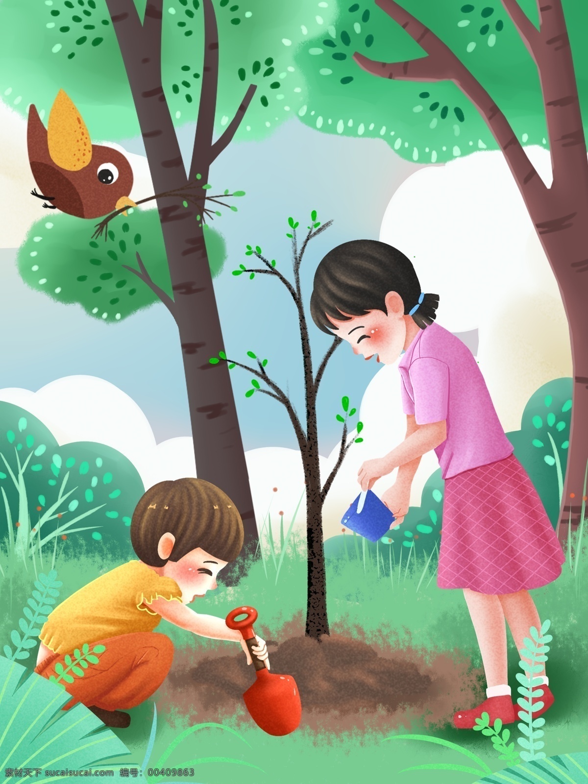 植树节 姐姐 妹妹 一起 种树 正能量 阳光 插画 地球 植树 姐妹