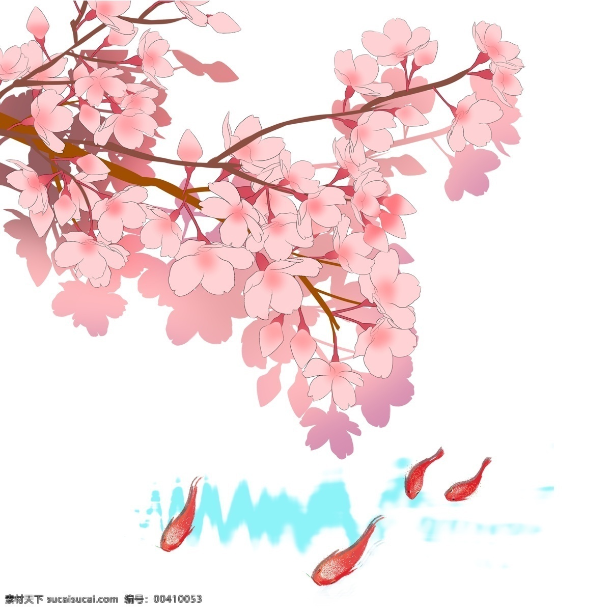 日本 春季 樱花 锦鲤 唯美 风景 春天 花卉 花朵 粉色花瓣 樱花树 树枝 观赏樱花 手绘樱花 水纹 波浪 池塘景致