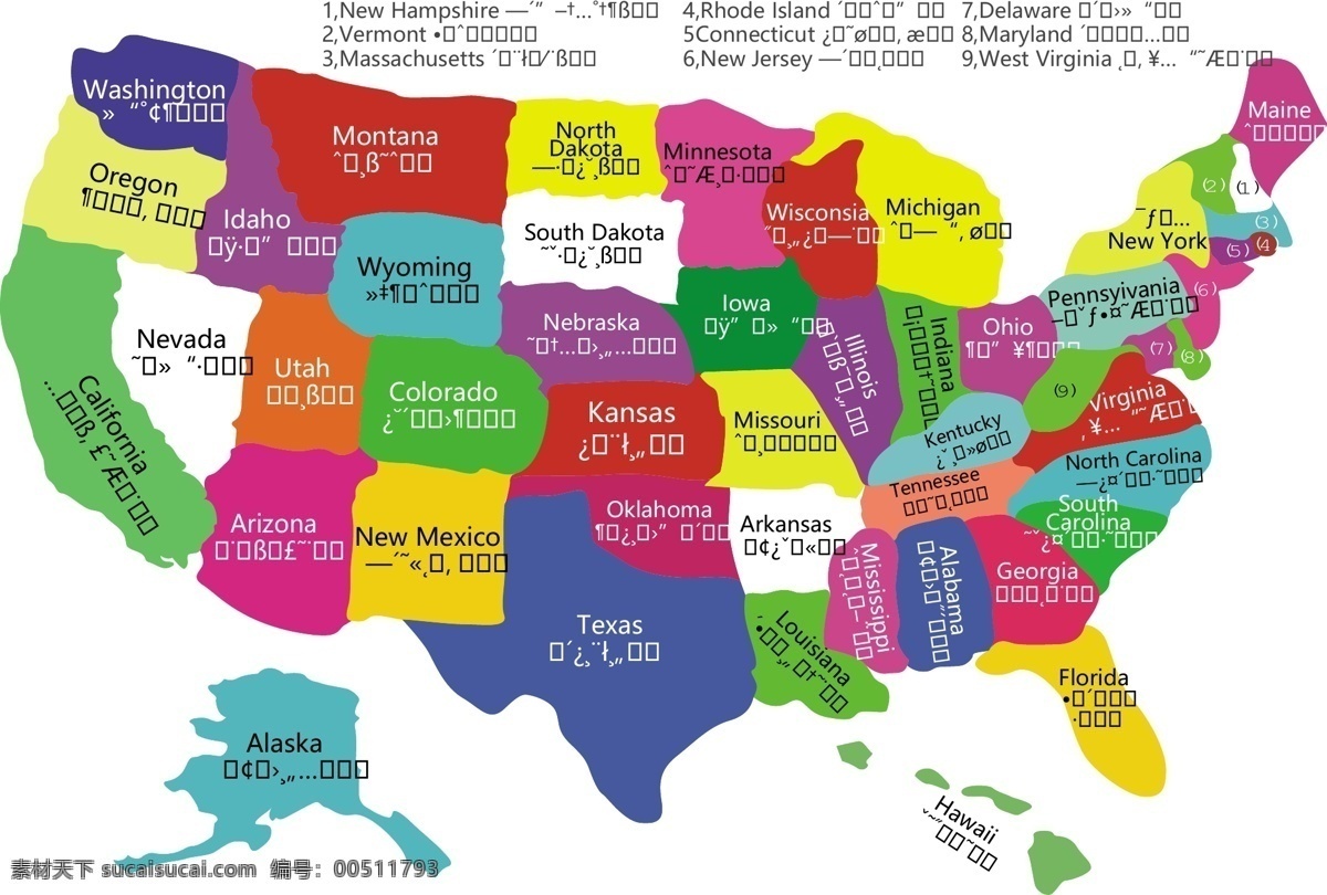 美国 地图 插画 模板 色块 设计稿 素材元素 中英文 源文件 矢量图