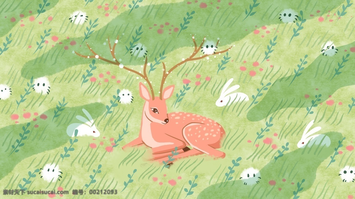卧 草丛 中 鹿 兔子 还有 森林 重点 精灵 绿色 唯美 插画 植物 治愈 橘色 梅花鹿 屏幕 手机屏 鹿角