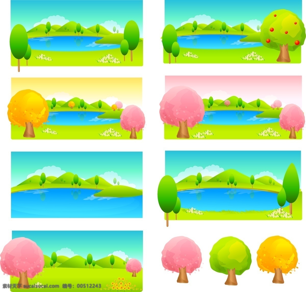 彩色 树木 湖水 矢量图 自然风景 自然景观 矢量 其他矢量图