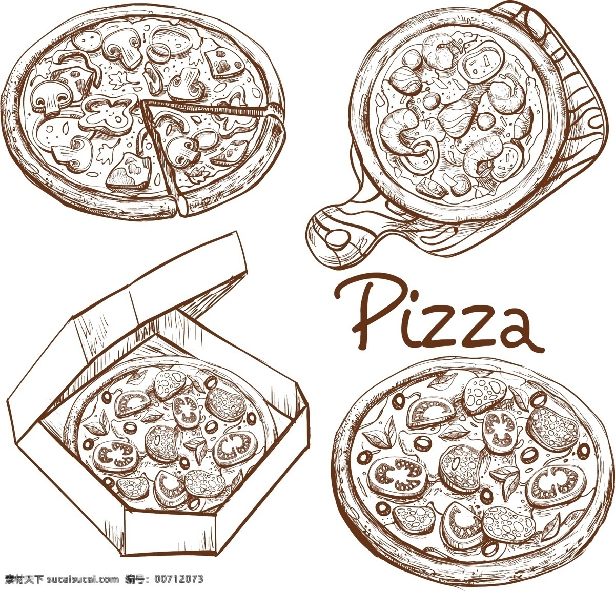 整套矢量插图 整个 比萨 切片 比萨在木板上 比萨饼 一个 盒子 里 交货 背景 图案 食物 菜单 木头 图标 手 餐馆 手工画 递送 板 素描 烹饪 快餐 肉 白色 食物菜单