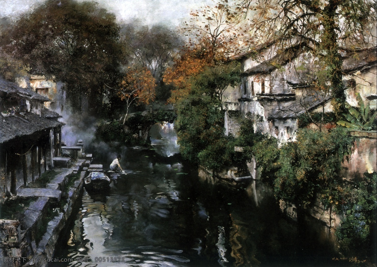 水乡 烟雨 风景 绘画书法 江南 江南水乡 流水人家 文化艺术 烟雨江南 水乡烟雨 中国 著名 油画家 潘 鸿 海 家居装饰素材