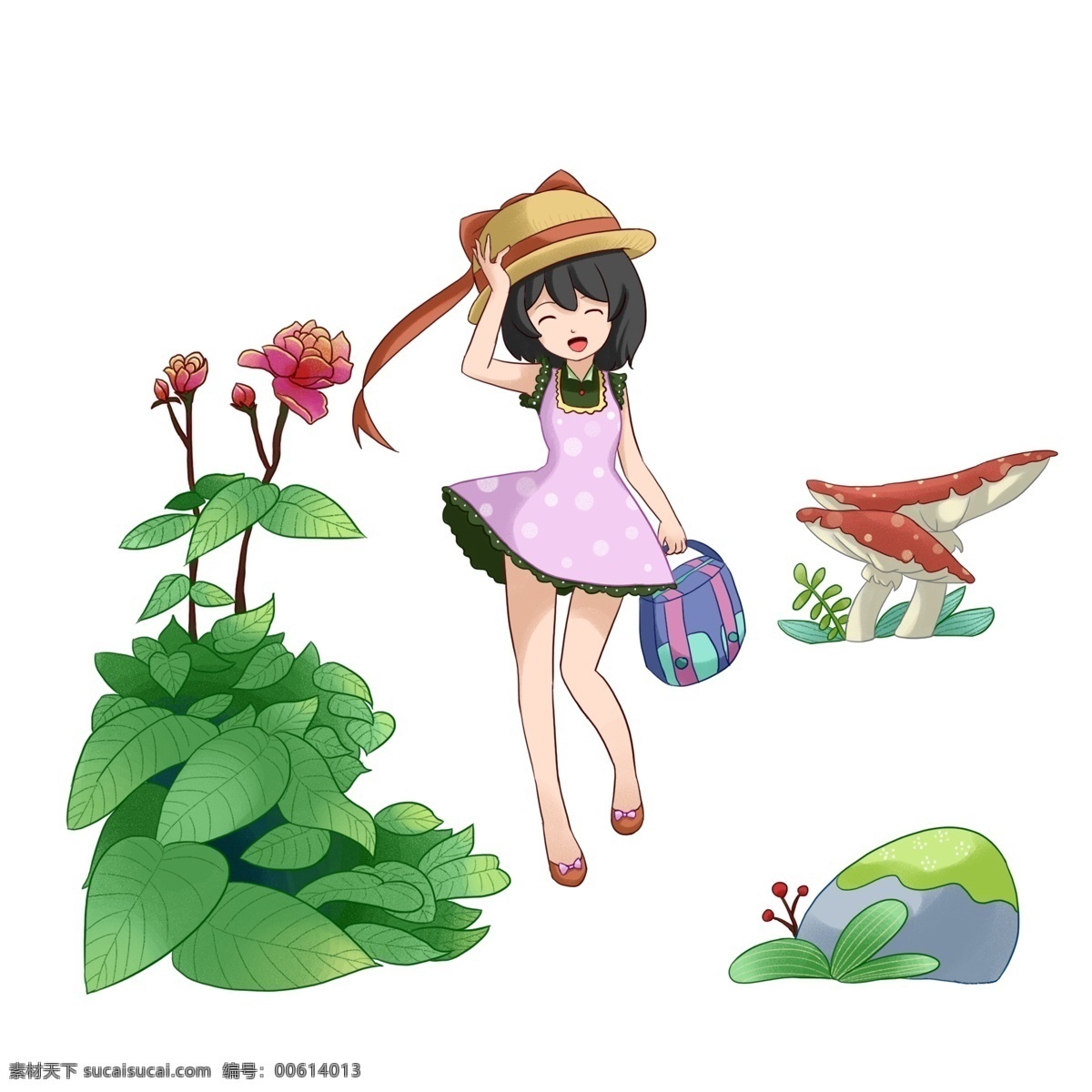 春游 女孩 公园 游玩 赏 景 插画 踏青 人物 卡通人物 漂亮的女孩 植物花朵 提包包女孩