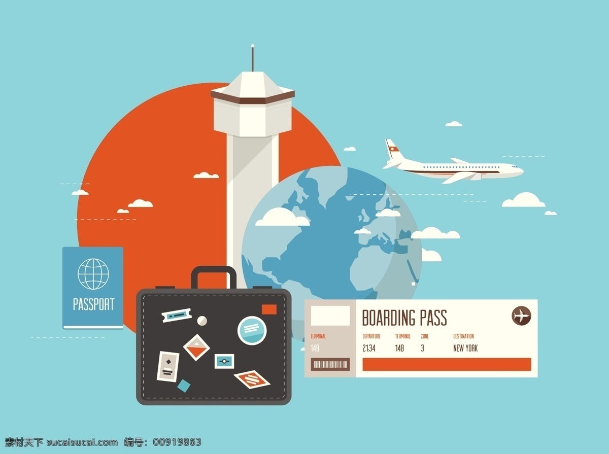矢量航空图标 创意飞机 航空图标 旅游 旅行 灯塔 飞机 客机 护照 行李箱 飞机票 扁平化设计