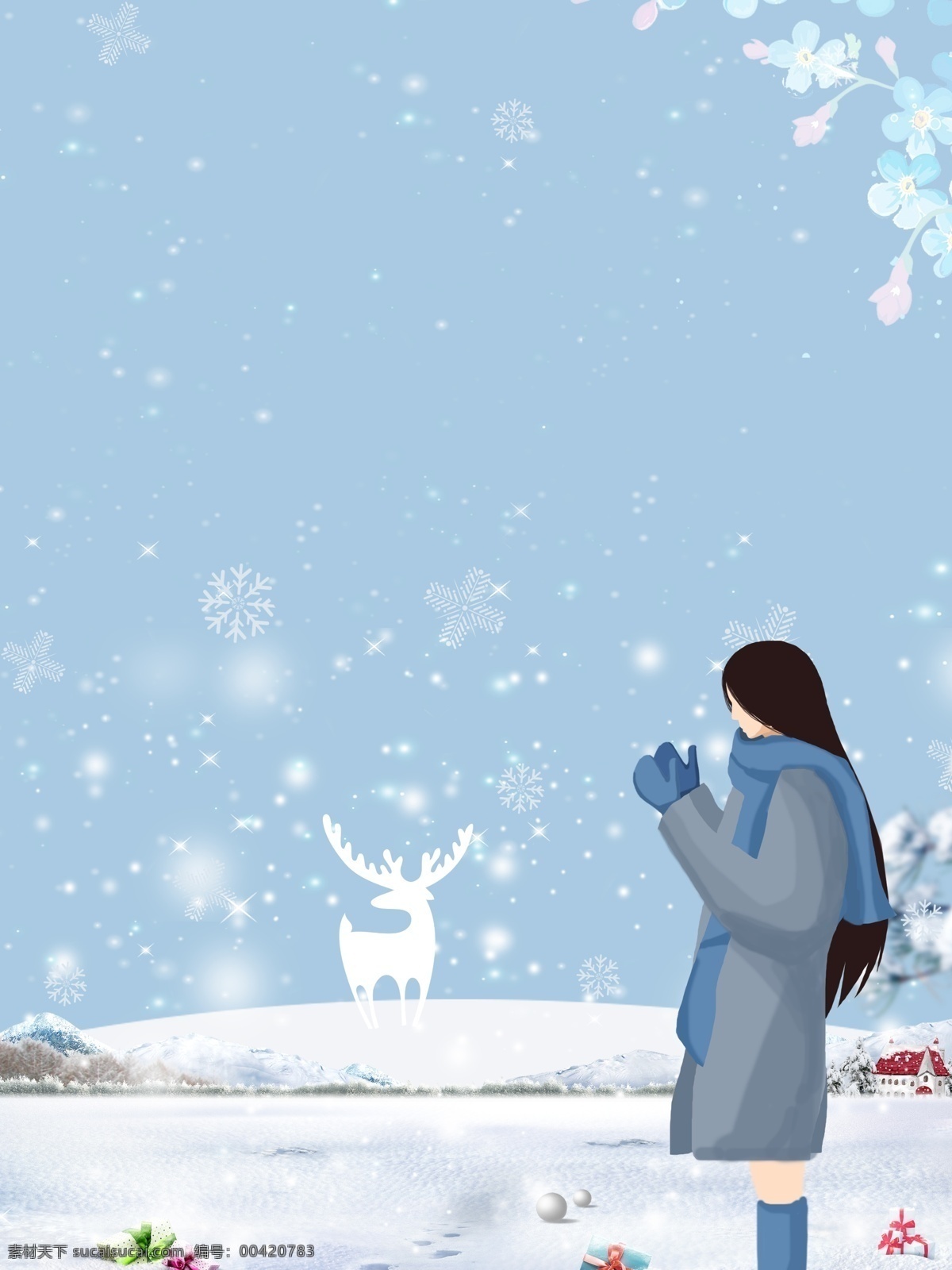 小鹿 清新 少女 广告 背景 广告背景 蓝色背景 植物 花朵 雪花 麋鹿 雪点