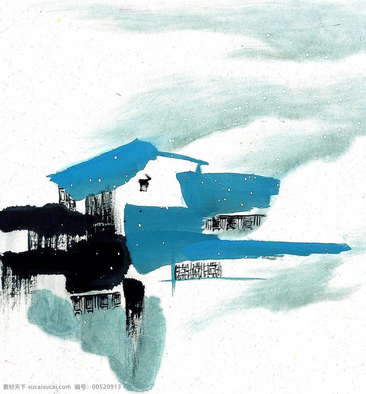 雪天 山顶 水墨画 笔触 冬 国画 江南 山水 水墨 水乡 文化艺术